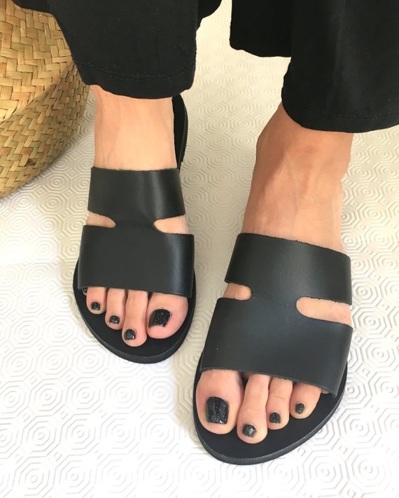 Black Hermes Style Leather Sandals, Aelia Greek Sandals